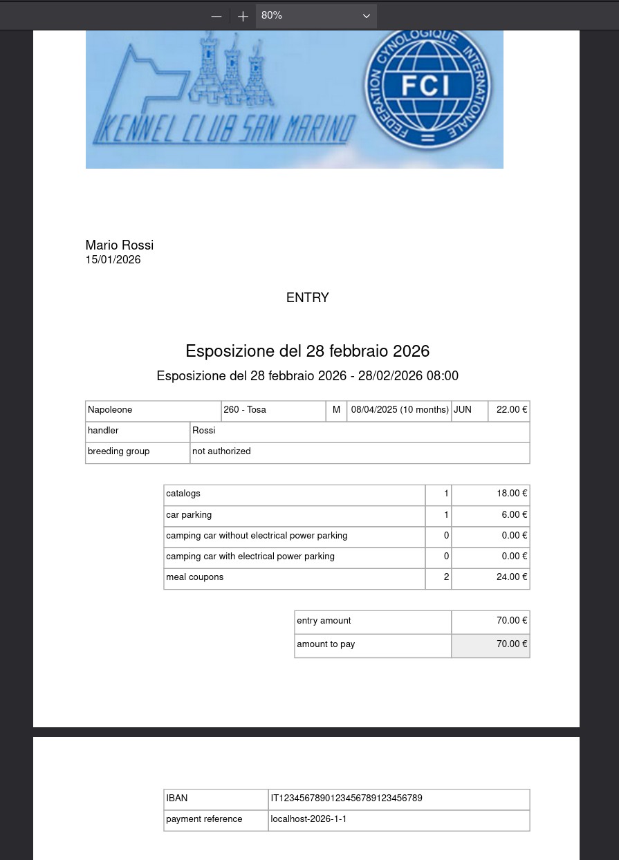 Il documento di iscrizione: i cani con le loro classi, gli extra, l'importo, e l'IBAN con il riferimento di pagamento.
