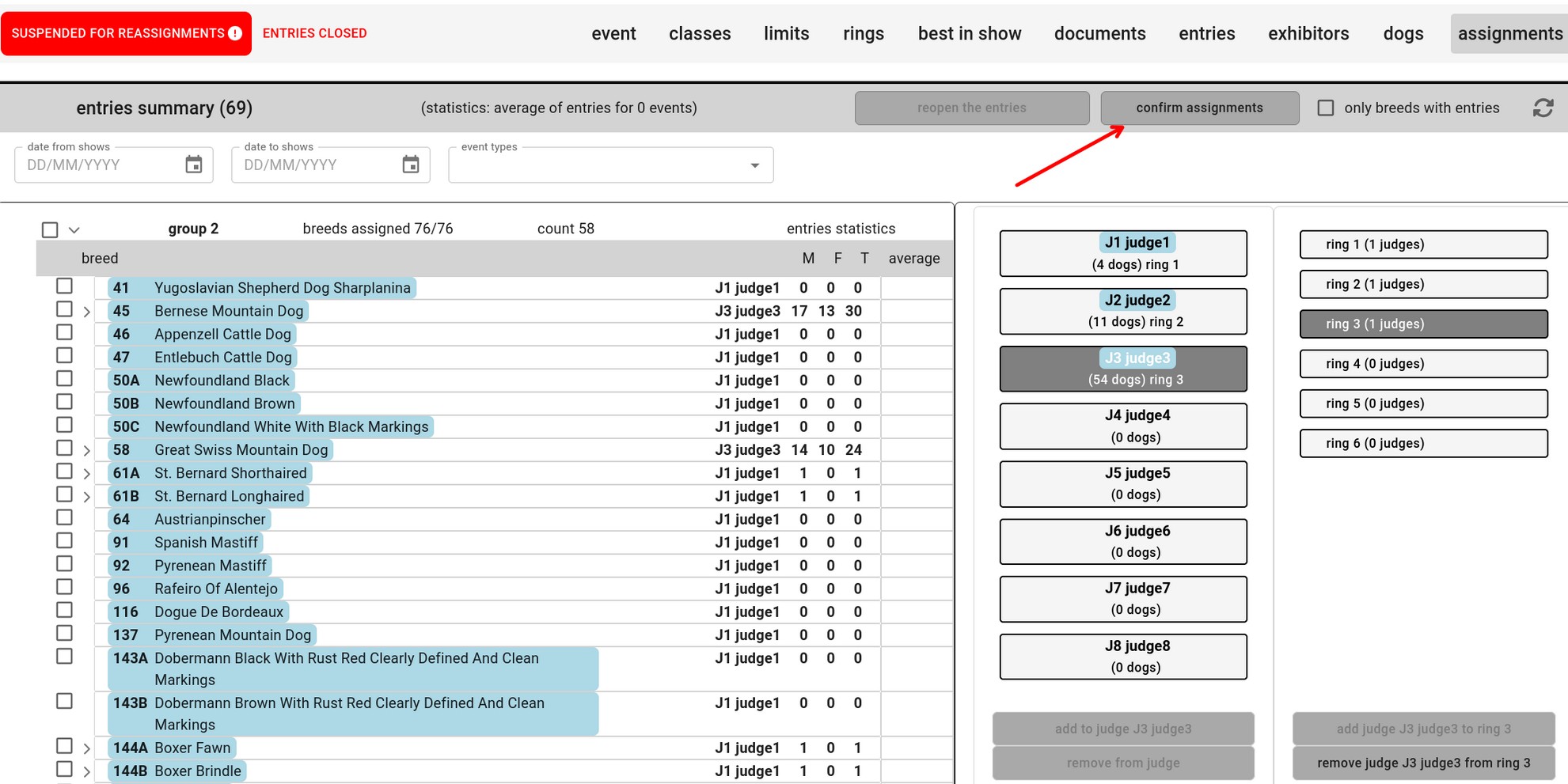 Confirm assignments chiude la sospensione e rimette l'evento in servizio.