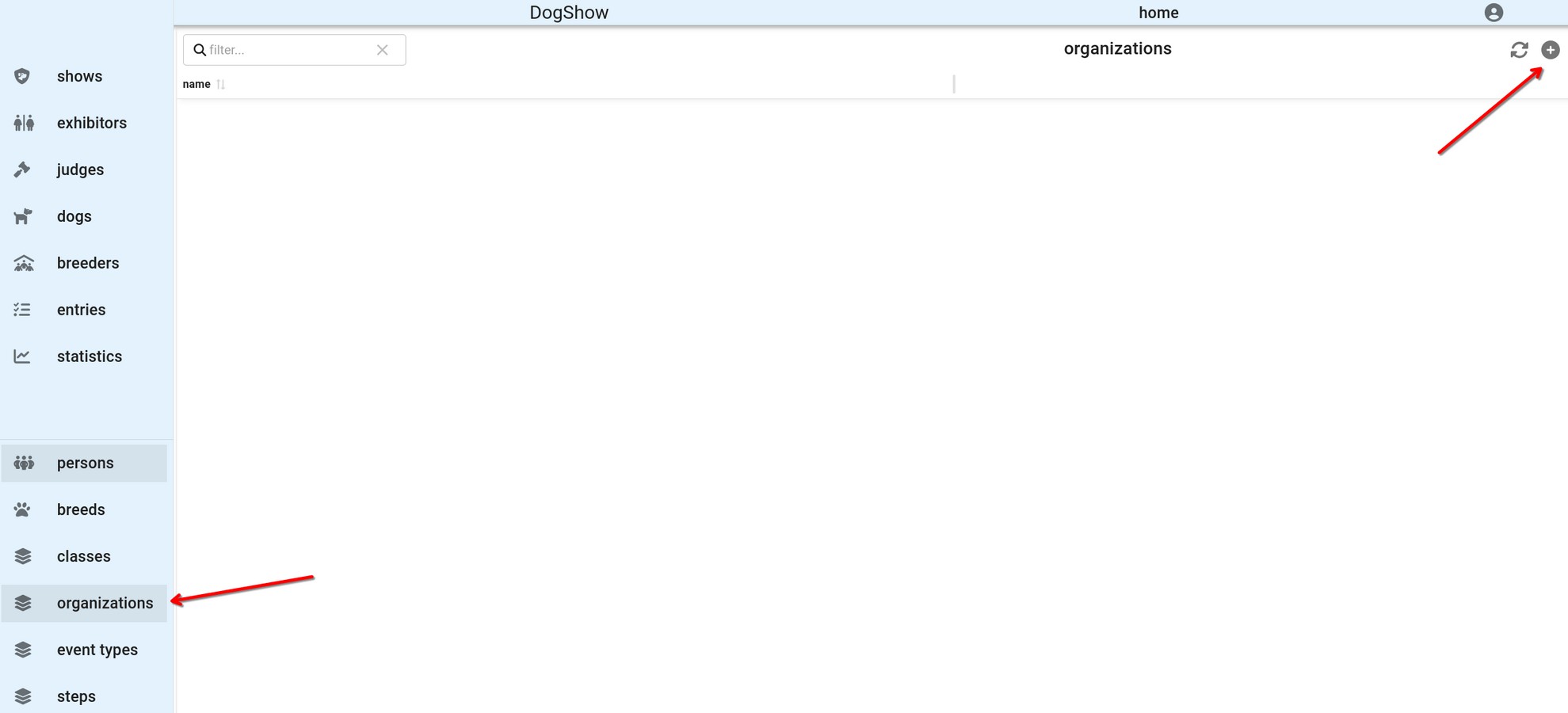 La pagina organizations. Il + in alto a destra apre una nuova scheda.