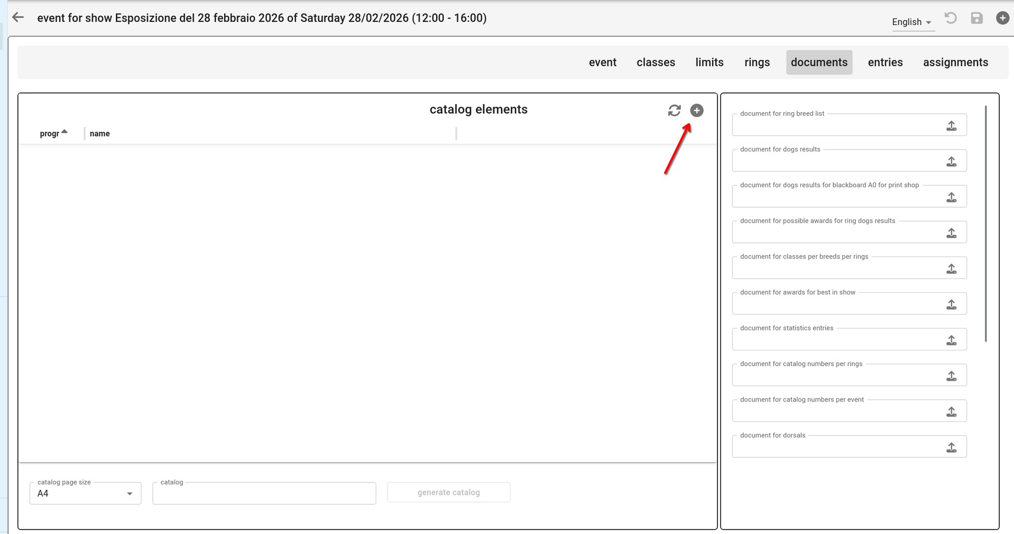 La scheda documents di un evento: gli elementi del catalogo a sinistra, i singoli documenti a destra.