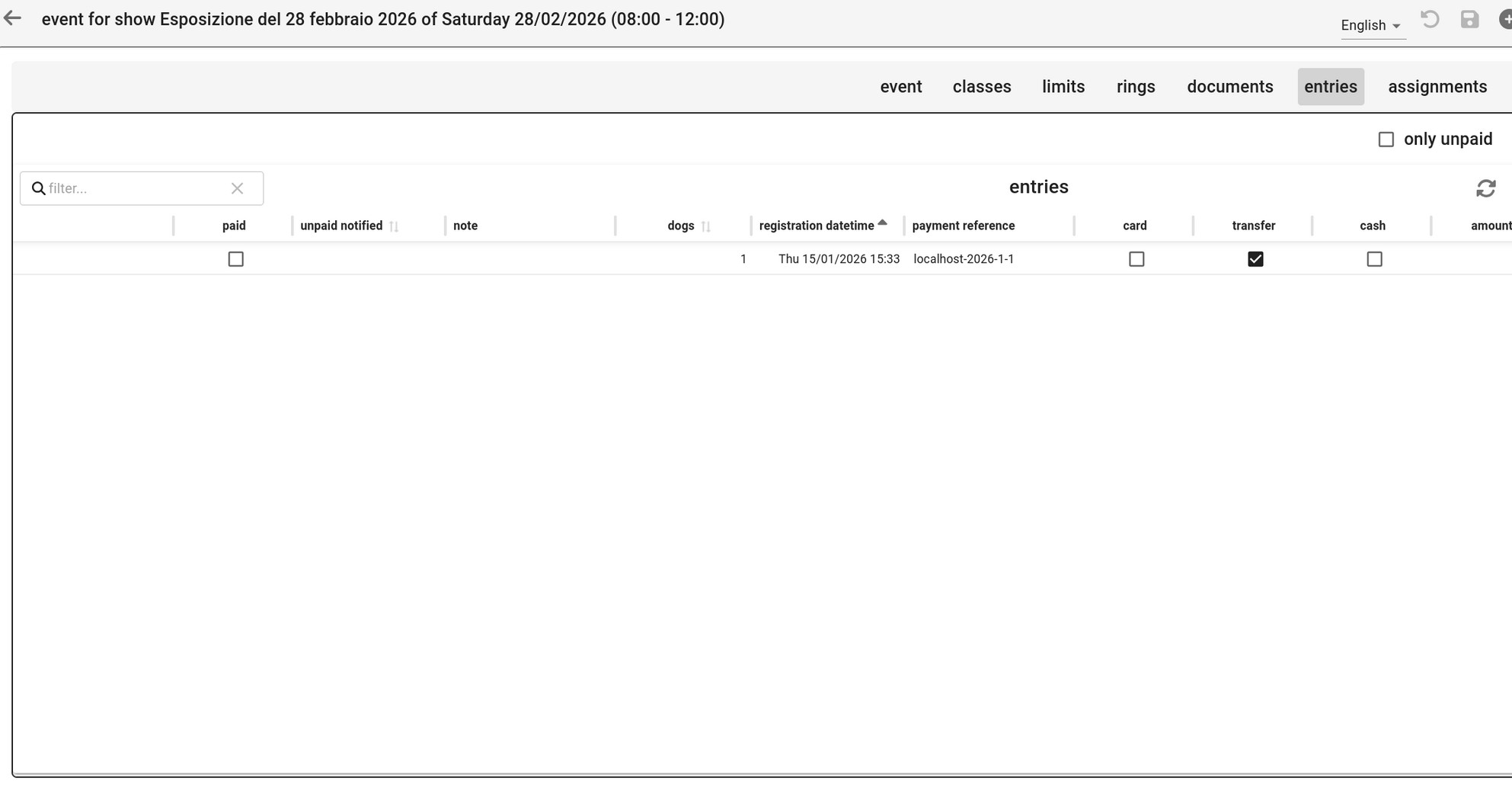 Un'iscrizione con il suo riferimento di pagamento e il metodo scelto dall'espositore.
