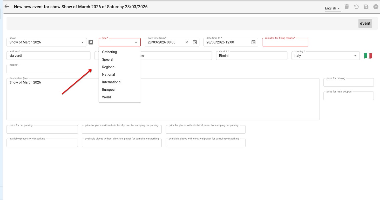 Un nuovo evento. Il tipo si sceglie fra i tipi evento configurati per l'istanza.