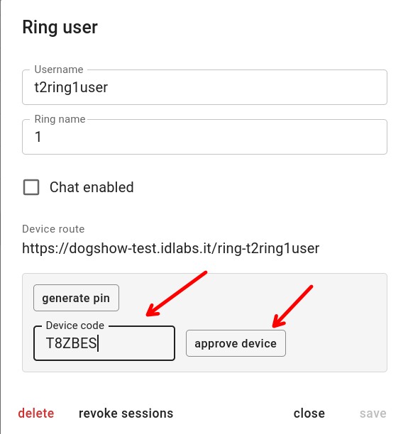 La generazione del PIN dall'account di ring.