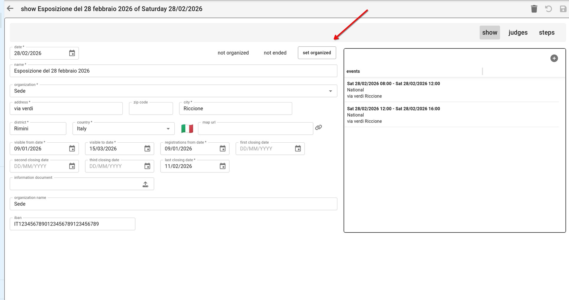 Il pulsante set organized, accanto agli stati non organizzata e non conclusa.